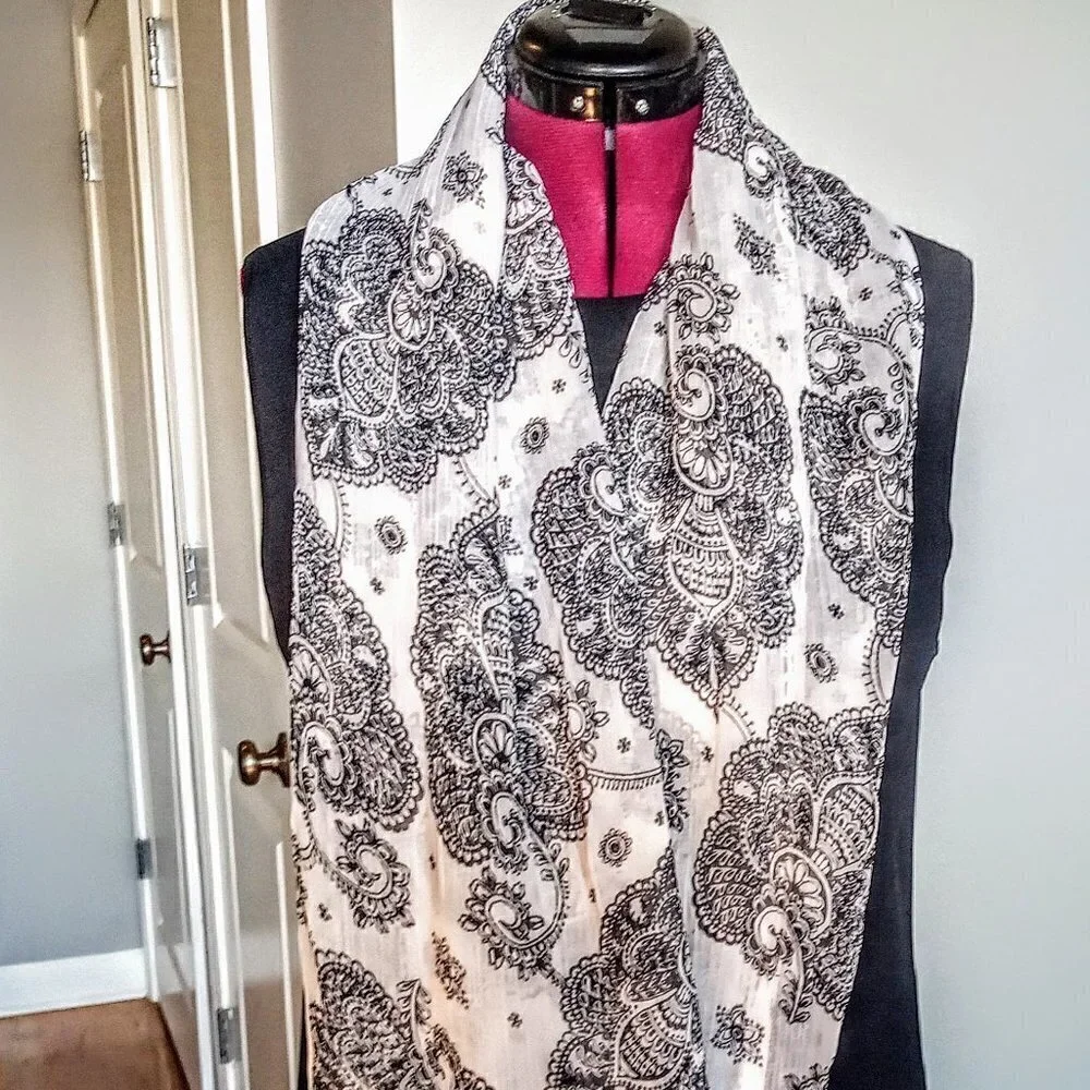Natura Kirawira B&W Print Sheer Oblong Scarf/Wrap